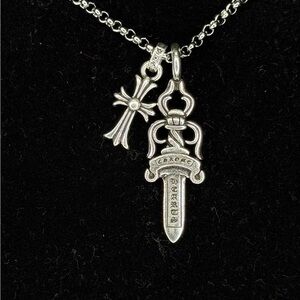 Chrome Hearts Dagger With Floral Baby Cross Double Pendant Stack paper Necklace